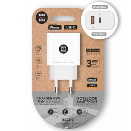 Tech One Tech Cargador GaN TEC2270 65W Pared USB-C + USB-A Carga Rápida PD 3.0, Compatible con MacBook, iPhone, Tablet, Portátil - Blanco
